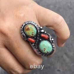 Américaine Turquoise Hommes 925 Silver Sterling Vtg Coral Vert Taille Solide 8 Anneau