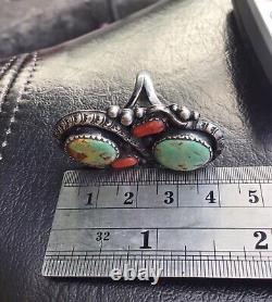 Américaine Turquoise Hommes 925 Silver Sterling Vtg Coral Vert Taille Solide 8 Anneau