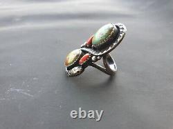 Américaine Turquoise Hommes 925 Silver Sterling Vtg Coral Vert Taille Solide 8 Anneau