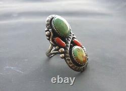 Américaine Turquoise Hommes 925 Silver Sterling Vtg Coral Vert Taille Solide 8 Anneau