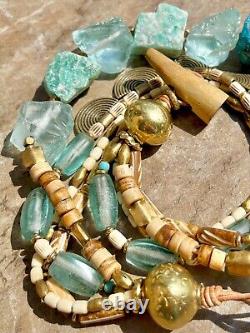 Collier bohémien épais en amazonite, cristal, apatite et perles tribales africaines