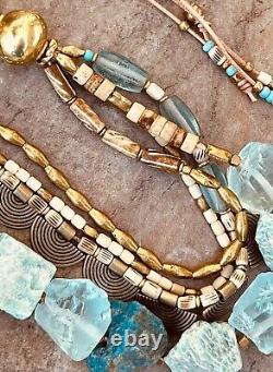 Collier bohémien épais en amazonite, cristal, apatite et perles tribales africaines