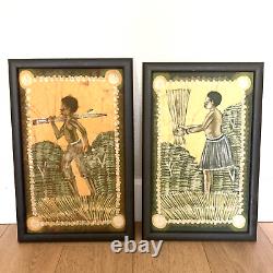 Deux Batik Encadrés Ethnographiques Africains ou Latino-Américains sur Toile 18x12