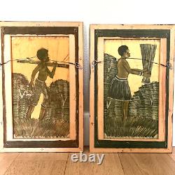 Deux Batik Encadrés Ethnographiques Africains ou Latino-Américains sur Toile 18x12