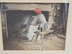 Estampe d'art rare d'Afro-Américaine ancienne, femme colorée à la main avec pipe et chat de maison