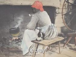 Estampe d'art rare d'Afro-Américaine ancienne, femme colorée à la main avec pipe et chat de maison