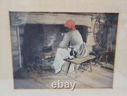 Estampe d'art rare d'Afro-Américaine ancienne, femme colorée à la main avec pipe et chat de maison