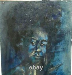 Femme africaine américaine de chef, peinture à l'huile sur panneau vintage datée de 1969