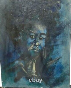 Femme africaine américaine de chef, peinture à l'huile sur panneau vintage datée de 1969