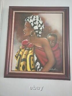 Grande peinture de mère et enfant afro-américains par R Woodrum