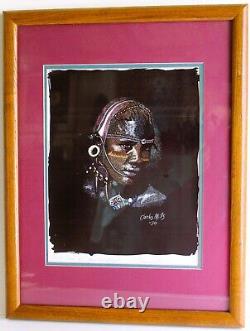 Lithographie en couleur de Charles Mills signée 1990 Tête Masai Afro-Américaine