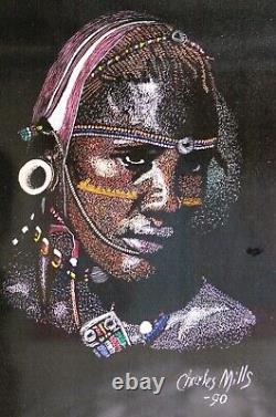 Lithographie en couleur de Charles Mills signée 1990 Tête Masai Afro-Américaine
