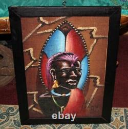 Peinture Africaine Originale Homme Tribal Ethnique Signée Détails Colorés Cadre en Bois