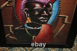 Peinture Africaine Originale Homme Tribal Ethnique Signée Détails Colorés Cadre en Bois