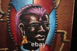 Peinture Africaine Originale Homme Tribal Ethnique Signée Détails Colorés Cadre en Bois