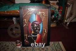 Peinture Africaine Originale Homme Tribal Ethnique Signée Détails Colorés Cadre en Bois