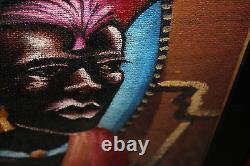 Peinture Africaine Originale Homme Tribal Ethnique Signée Détails Colorés Cadre en Bois