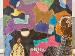 Peinture à l'huile cubiste noire africaine américaine vintage du milieu du siècle, LEE