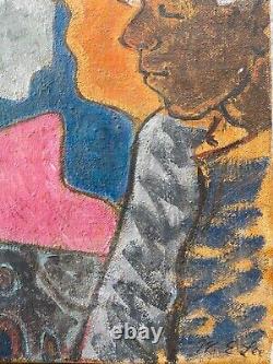 Peinture à l'huile cubiste noire africaine américaine vintage du milieu du siècle, LEE