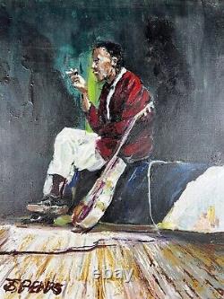 Peinture à l'huile vintage d'un musicien de jazz afro-américain fumant de l'art impressionniste