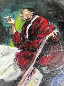 Peinture à l'huile vintage d'un musicien de jazz afro-américain fumant de l'art impressionniste