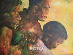 Peinture acrylique originale 20x24 de la famille africaine américaine priant