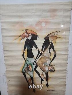 Peinture africaine sur batik textile signée F. Musaazi à accrocher au mur