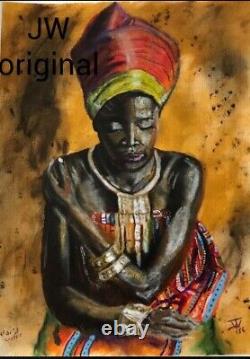 Peinture originale - Art afro-américain - Reine africaine - Pastels à l'huile - Non encadrée - Signée