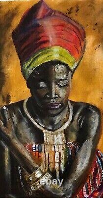 Peinture originale - Art afro-américain - Reine africaine - Pastels à l'huile - Non encadrée - Signée