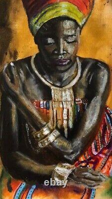 Peinture originale - Art afro-américain - Reine africaine - Pastels à l'huile - Non encadrée - Signée