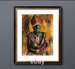 Peinture originale - Art afro-américain - Reine africaine - Pastels à l'huile - Non encadrée - Signée