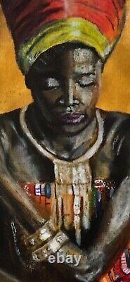 Peinture originale - Art afro-américain - Reine africaine - Pastels à l'huile - Non encadrée - Signée