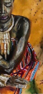 Peinture originale - Art afro-américain - Reine africaine - Pastels à l'huile - Non encadrée - Signée