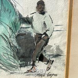 Peinture originale à l'aquarelle de Moya Cozens, Âne Afro-Américain/Jamaïcain dans le foin