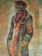 Peinture Originale à La Craie Grasse Sur Toile - Homme Afro-américain - Non Encadrée - Signée - 18 X 24.