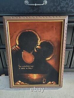 Peinture originale d'amour en velours noir vintage des années 1970, afro-américaine