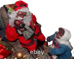 RARE Poupées de Noël signées Fayette Knoop SANTA EST LÀ ! African American/OOAK