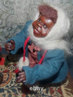 RARE Poupées de Noël signées Fayette Knoop SANTA EST LÀ ! African American/OOAK