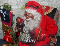 RARE Poupées de Noël signées Fayette Knoop SANTA EST LÀ ! African American/OOAK