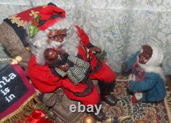 RARE Poupées de Noël signées Fayette Knoop SANTA EST LÀ ! African American/OOAK