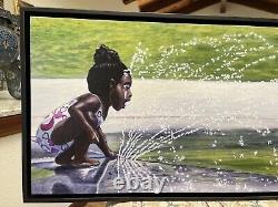 Signé# Black Afro-american Girl Toddler 16x32 Joy Child Giclee Painting Baby