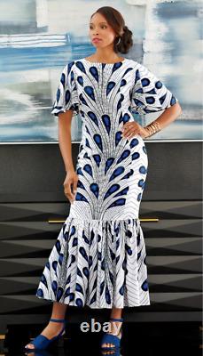 Taille 16 Robe longue ethnique africaine Ashro bleue et blanche Nemy avec fierté afro-américaine