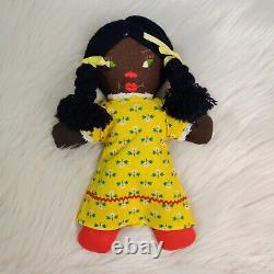 Vintage African American Stiff Rag Doll Green Yeux Handmade Americana Folk Art