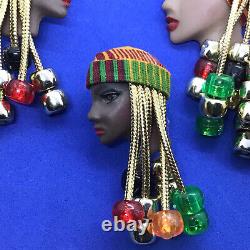 Vtg Brooch Pin Clip Boucle D'oreille Set Cameo Bust Afro American Braid Bead Ethnic