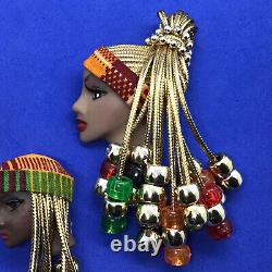 Vtg Brooch Pin Clip Boucle D'oreille Set Cameo Bust Afro American Braid Bead Ethnic