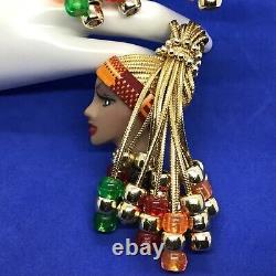 Vtg Brooch Pin Clip Boucle D'oreille Set Cameo Bust Afro American Braid Bead Ethnic