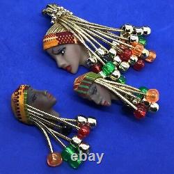 Vtg Brooch Pin Clip Boucle D'oreille Set Cameo Bust Afro American Braid Bead Ethnic